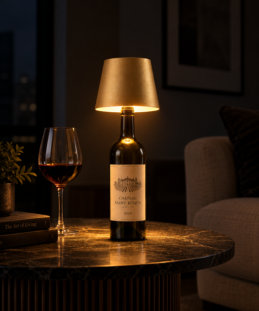 Vinerack Bottle Lamp lighting a wine bottle beside a glass of red wine on a marble side table