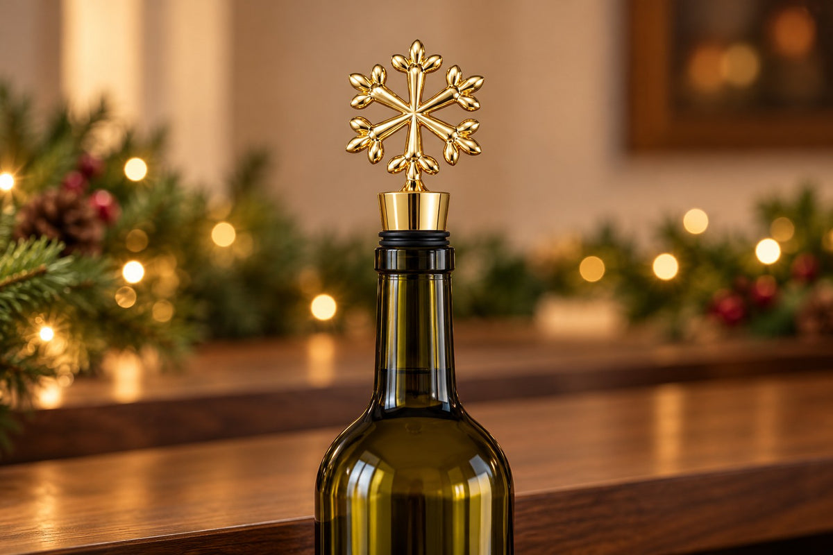 Gold snowflake wine stopper on a wine bottle on a Christmas sideboard