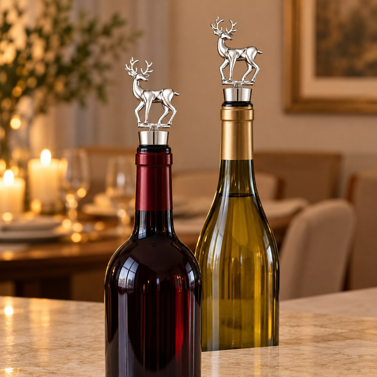 Silver deer wine stoppers on red and white wine bottles at a Christmas dinner table