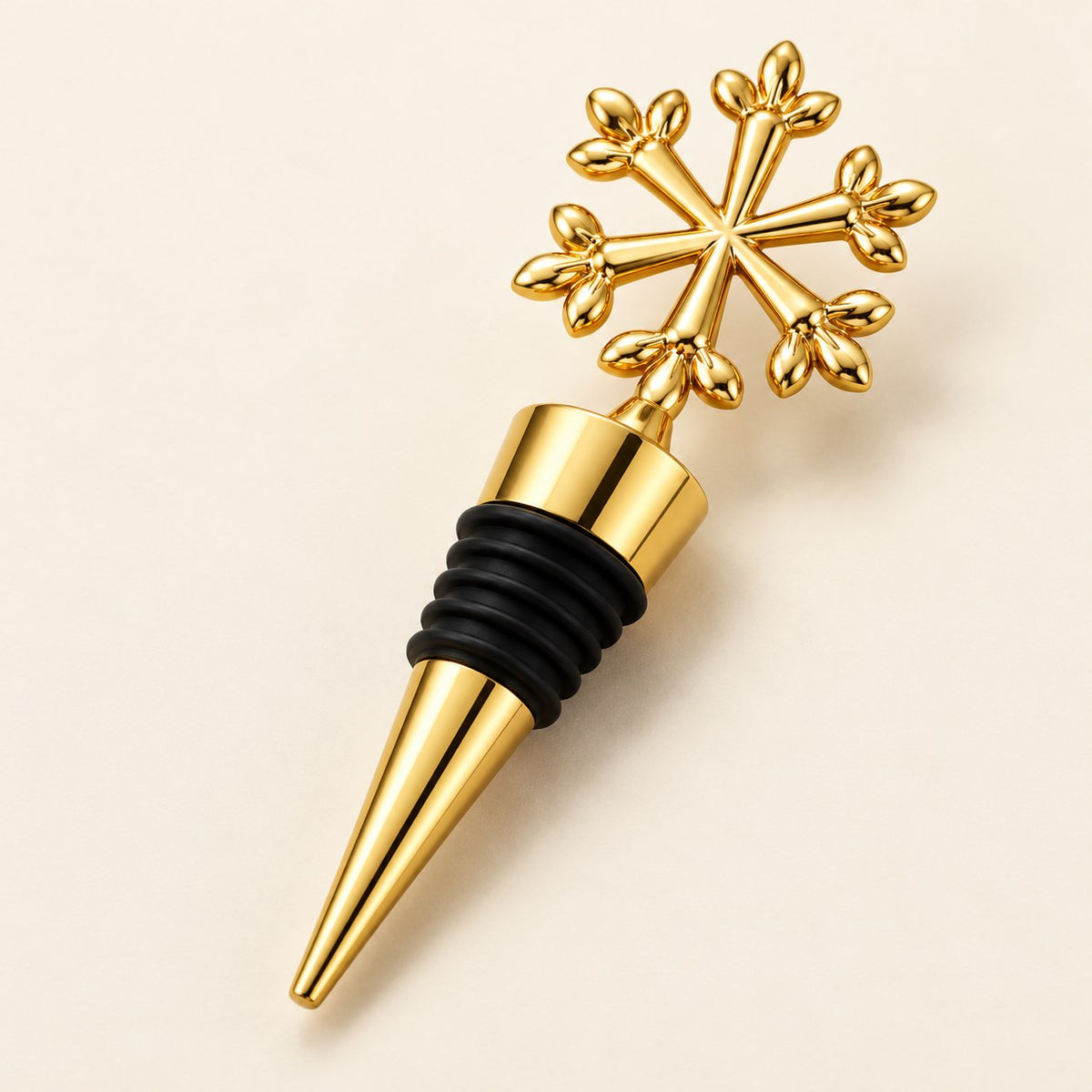 Gold snowflake wine stopper close-up