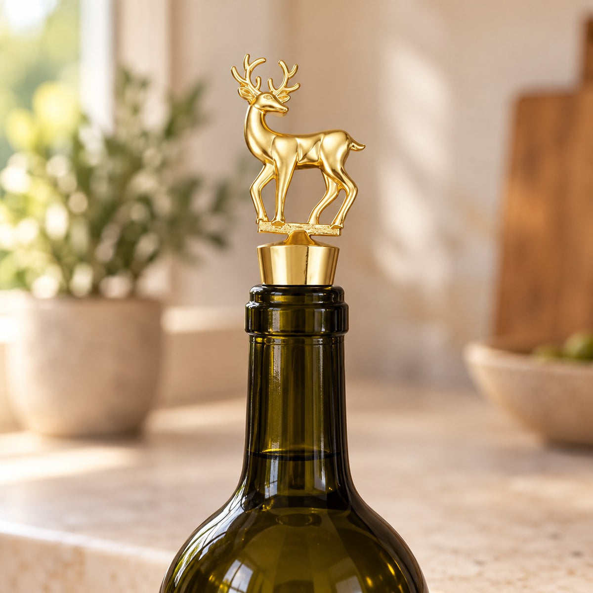 Golden deer wine stopper on an opened wine bottle