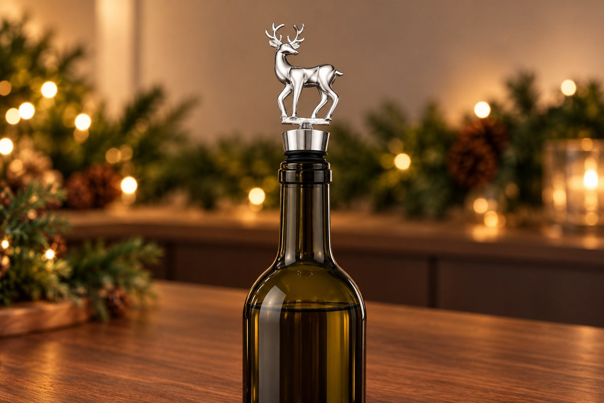 Silver deer wine stopper on a wine bottle with Christmas lights